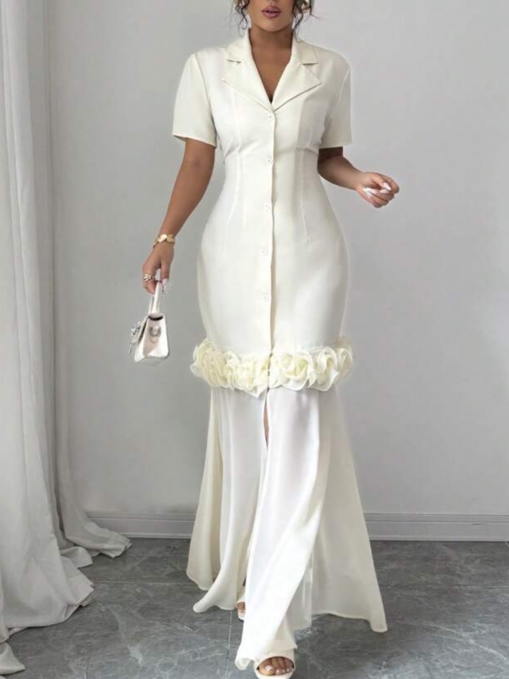 Ivory Button-Front Maxi Dress with Rosette Trim